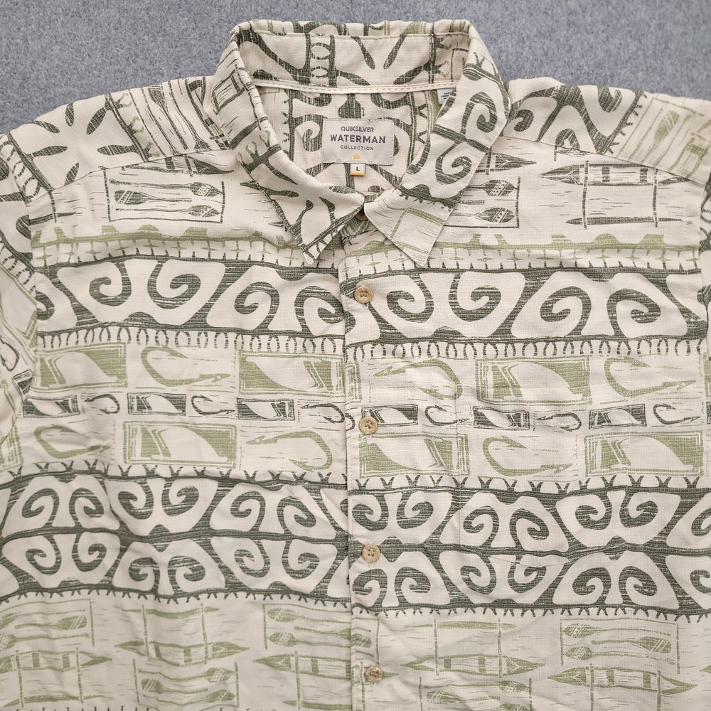 Quiksilver Shirt Mens Large Waterman Collection Beige Outrigger Tribal Button Up